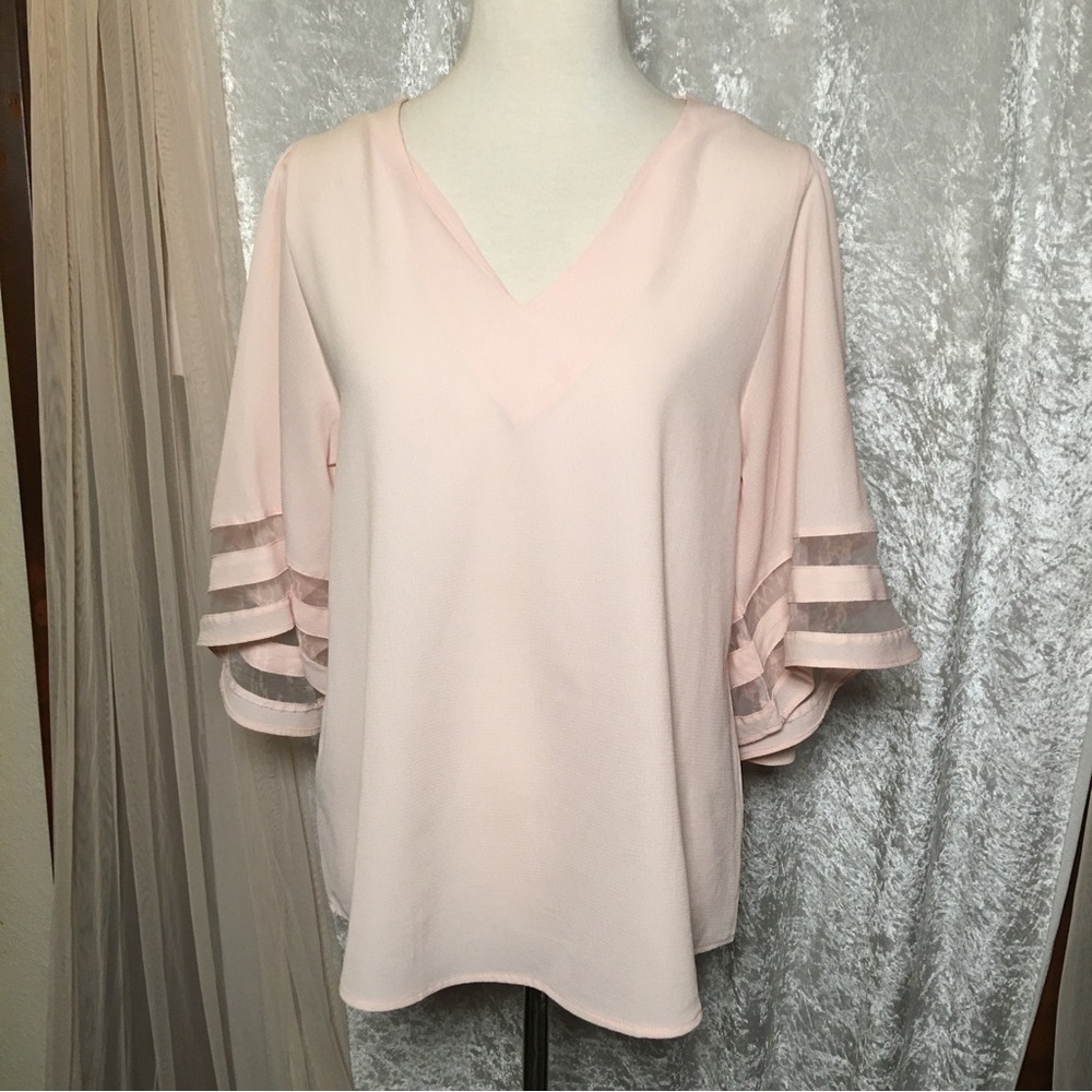 Shy Velvet Soft Pink V-Neck tunic blouse with bell Sleeves - Size M